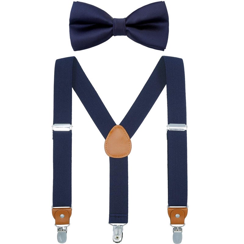 WELROG Child Boys Adjustable Silk Bowties & Suspender Sets Y Back Metal Clips Genuine Leather Suspenders (Navy blue + Navy blue bowtie) - Image 1